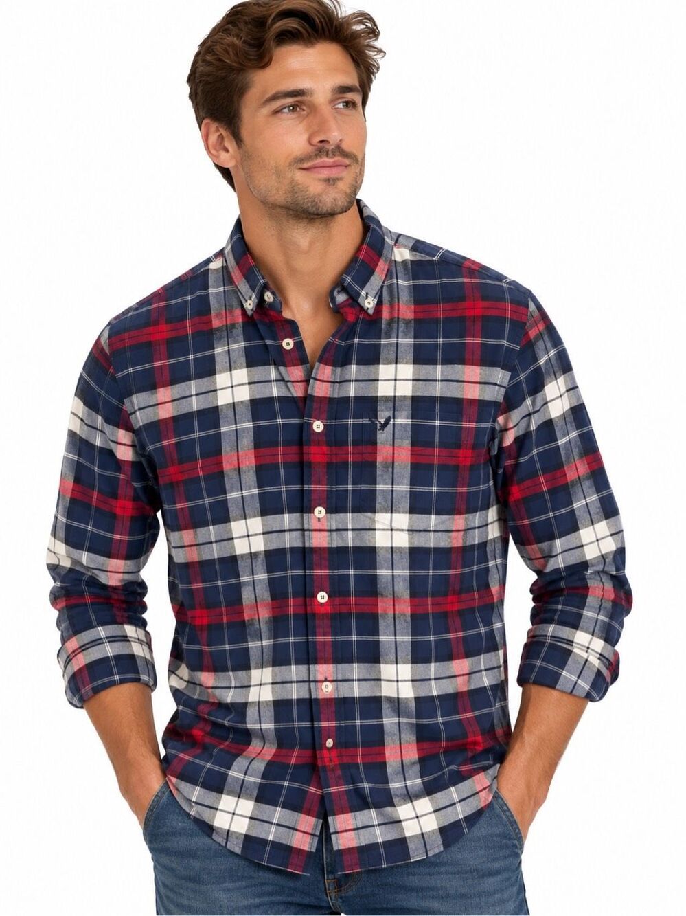 American Eagle Classic Fit Navy Red Plaid Long Sleeve Button Down Shirt Small